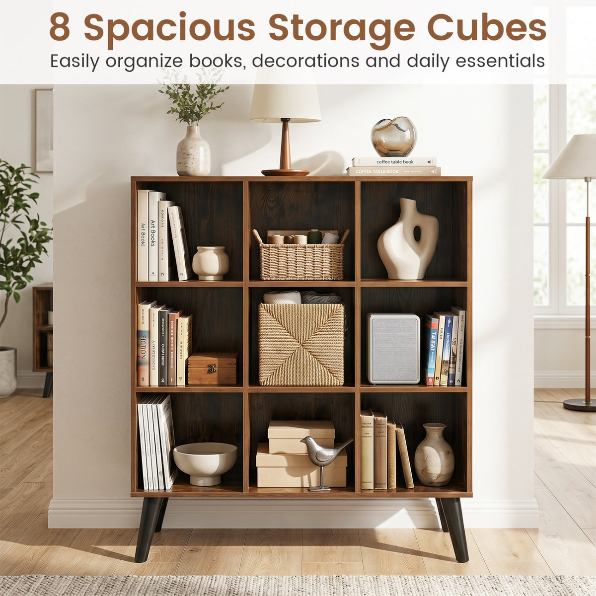 8-Cube Bookcase with Raised Support Legs for Living Room