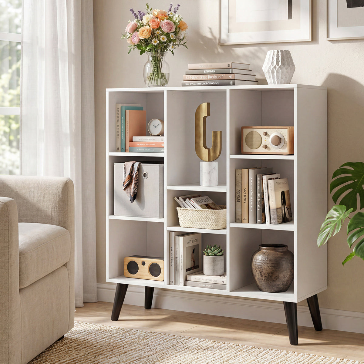 8-Cube Bookcase with Raised Support Legs for Living Room