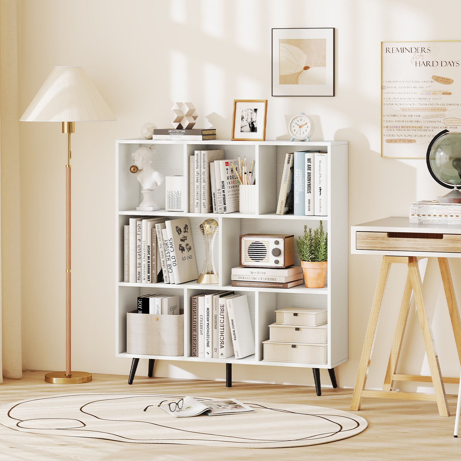 8-Cube Bookcase with 5 Tapered Metal Legs