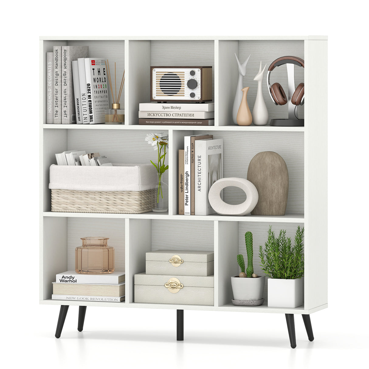 8-Cube Bookcase with 5 Tapered Metal Legs