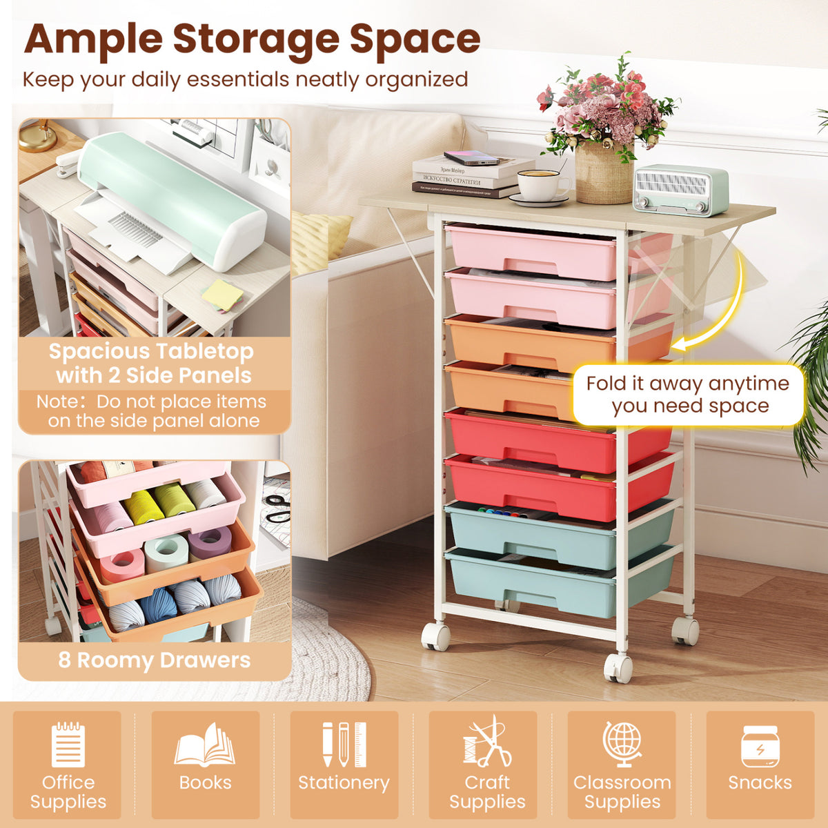 8-Drawer Rolling Cart with Wooden Tabletop and Folding Side Panels for Living Room-Macaron