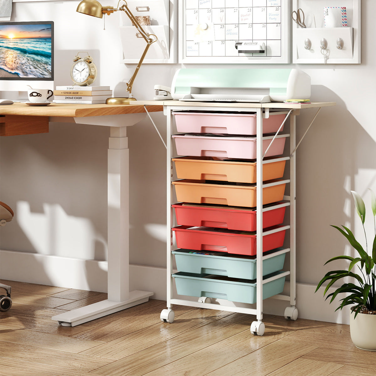 8-Drawer Rolling Cart with Wooden Tabletop and Folding Side Panels for Living Room-Macaron