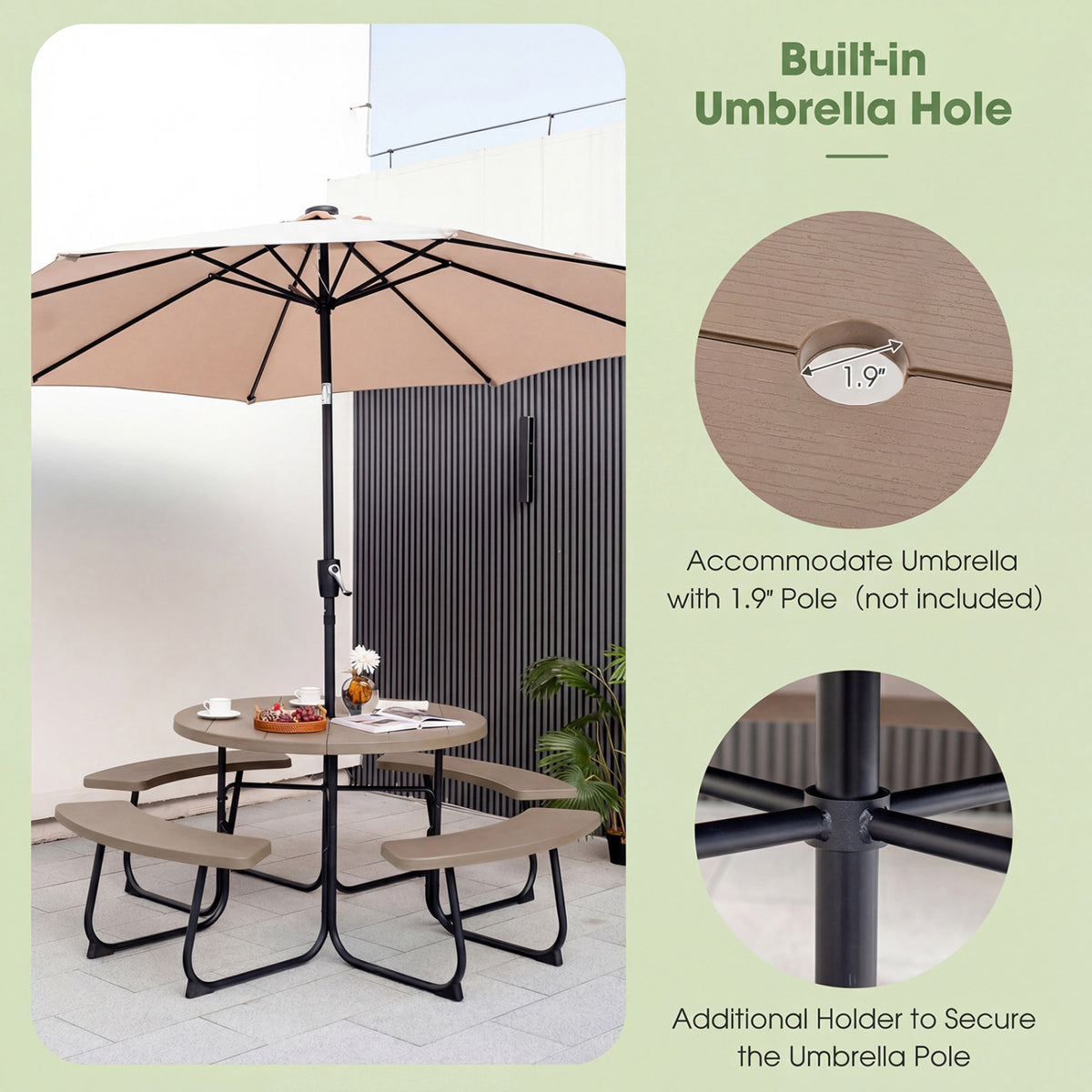 8-Person Outdoor Picnic Table and Bench Set with Umbrella Hole