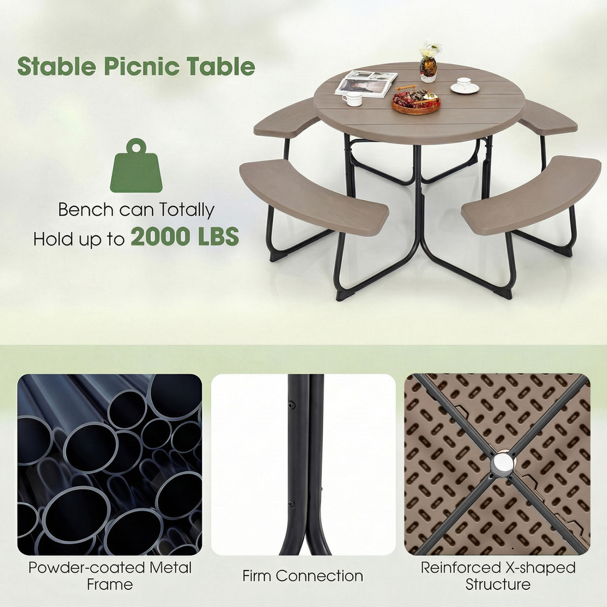 8-Person Outdoor Picnic Table and Bench Set with Umbrella Hole