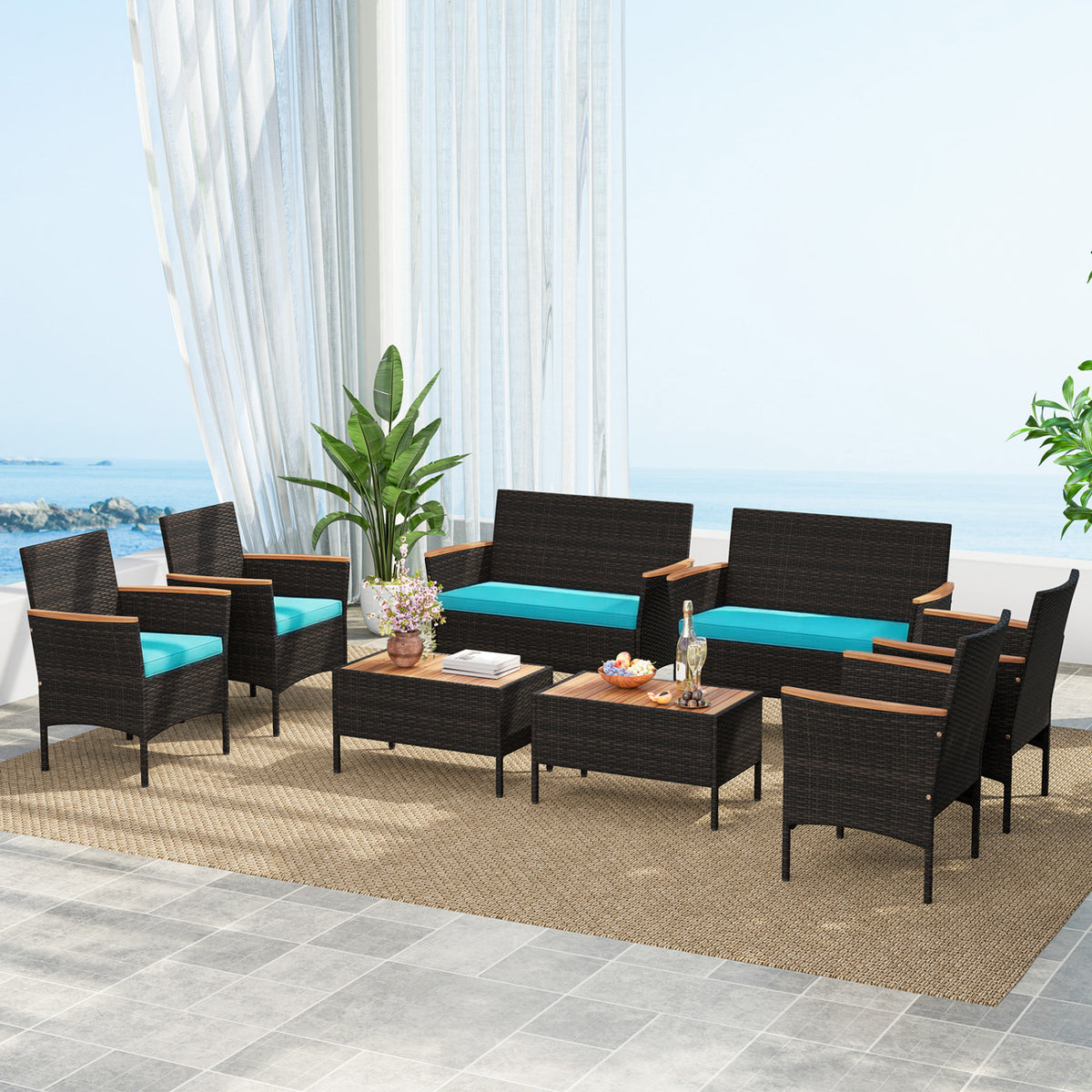 8 Piece Patio Wicker Sofa Set 4 Rattan Chairs and 2 Loveseat with 2 Table