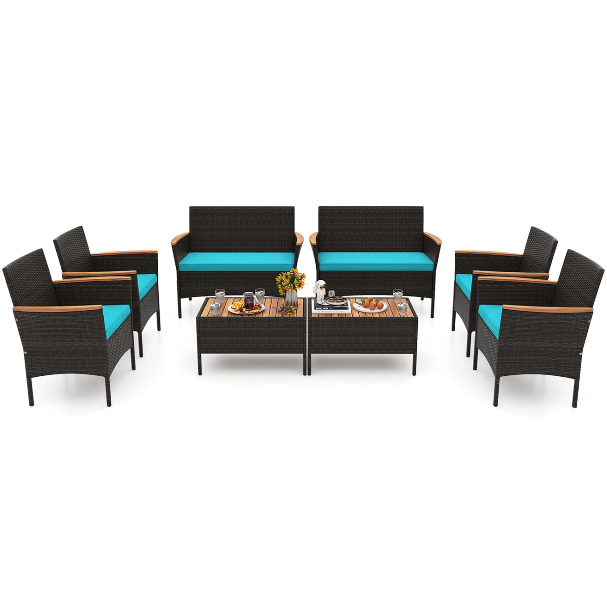 8 Piece Patio Wicker Sofa Set 4 Rattan Chairs and 2 Loveseat with 2 Table