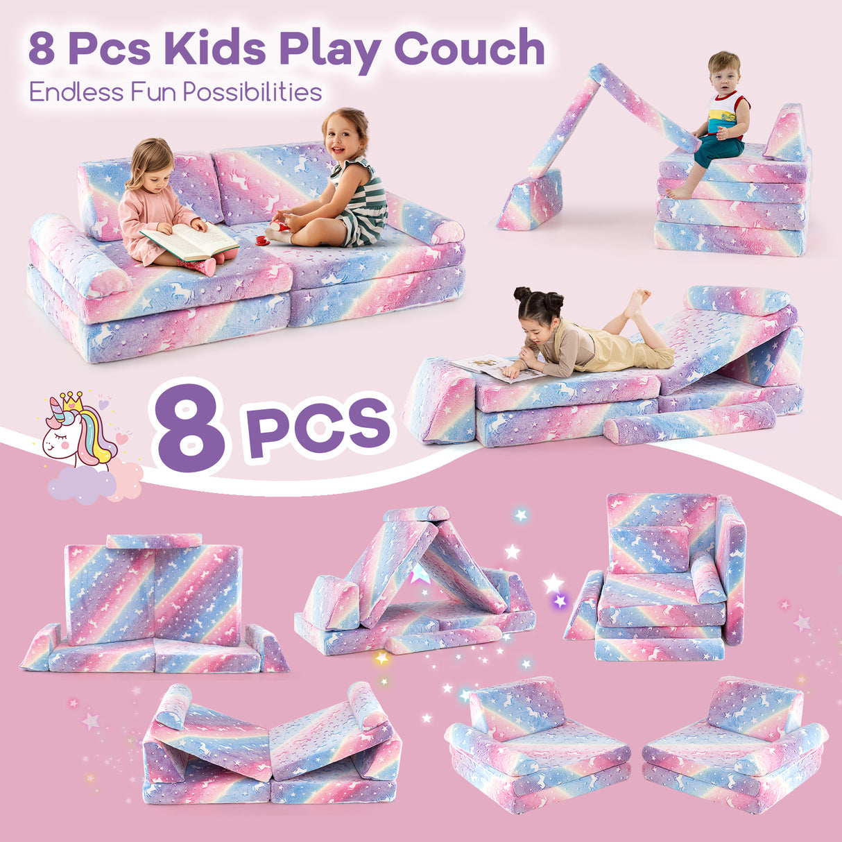 8 Pieces Modular Kids Play Couch Glow in the Dark Toddler Sectional Sofa