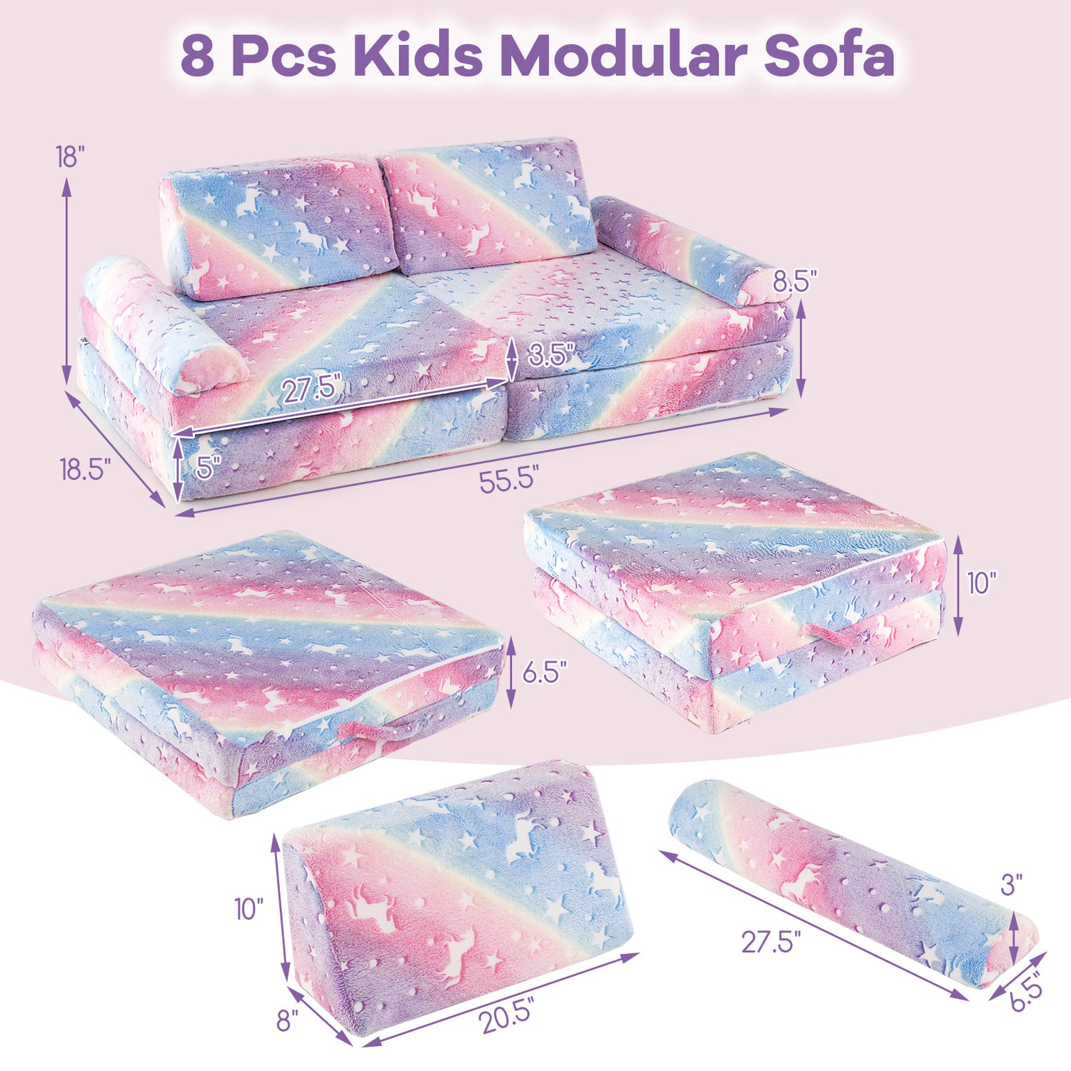 8 Pieces Modular Kids Play Couch Glow in the Dark Toddler Sectional Sofa