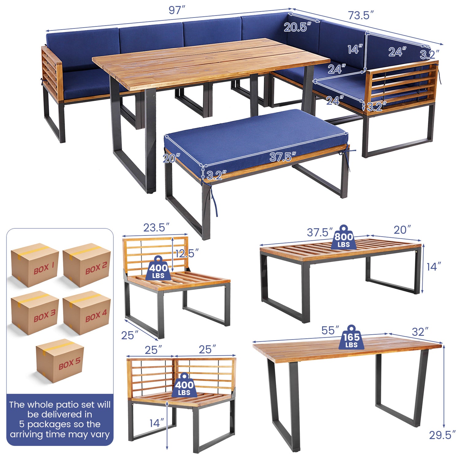 8 Pieces Patio Acacia Wood Dining Table Set with Ottoman Cushions-Navy
