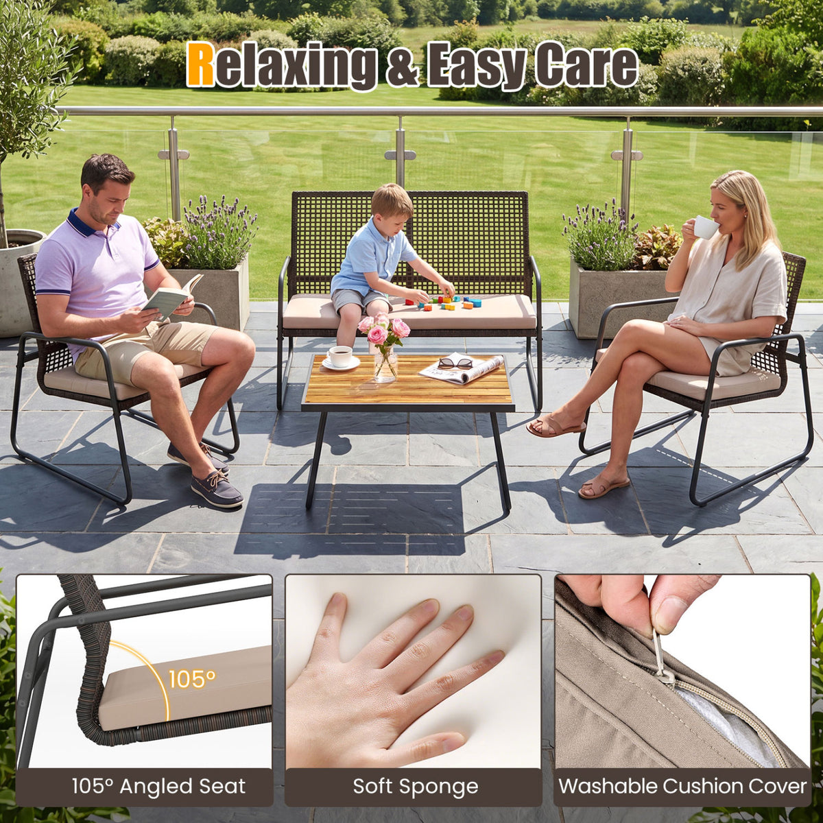 8 Pieces Patio Furniture Set with Acacia Wood Coffee Table and Zippered Cushions-Yellow