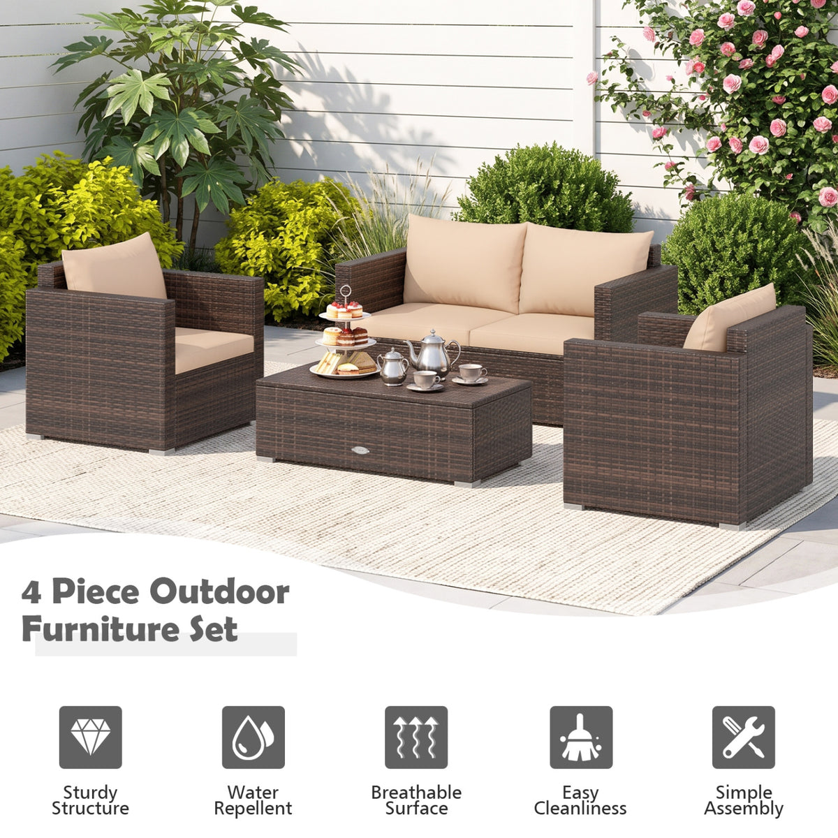 8 Pieces Patio Rattan Conversation Set with Padded Cushions-Brown