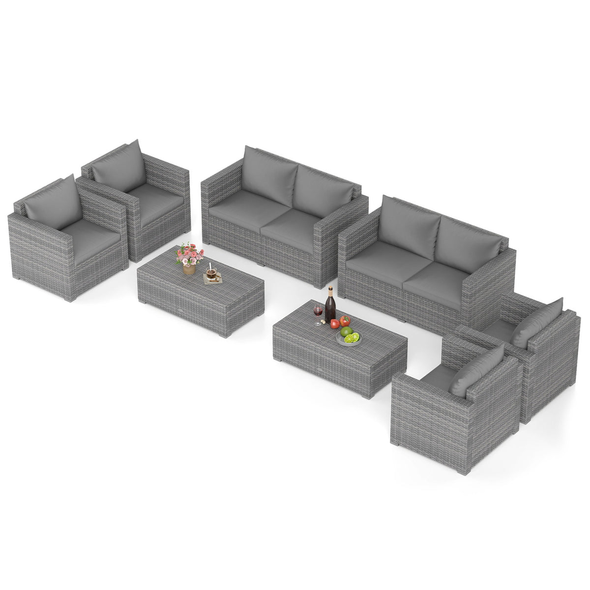 8 Pieces Patio Rattan Conversation Set with Padded Cushions for Yard-Gray