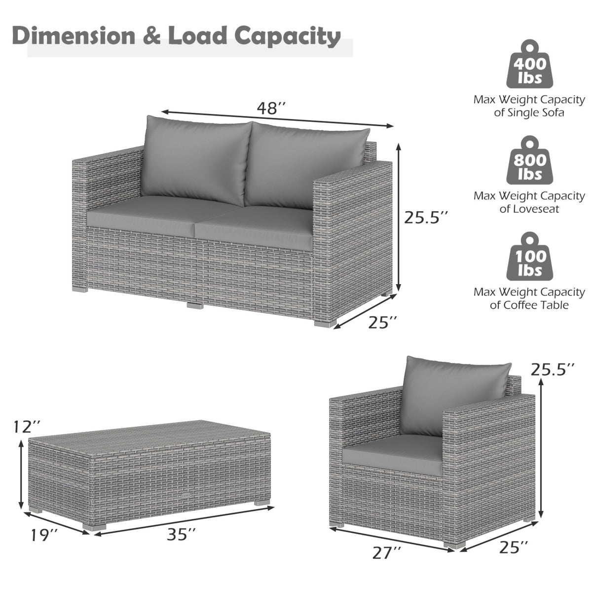 8 Pieces Patio Rattan Conversation Set with Padded Cushions for Yard-Gray