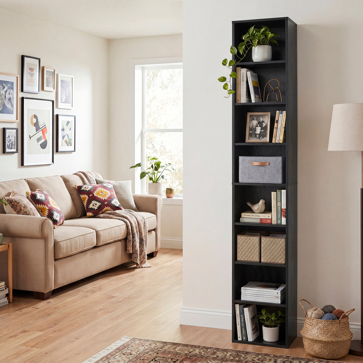 8-Tier Narrow Bookshelf with 4 Adjustable Shelves and Storage Cubes
