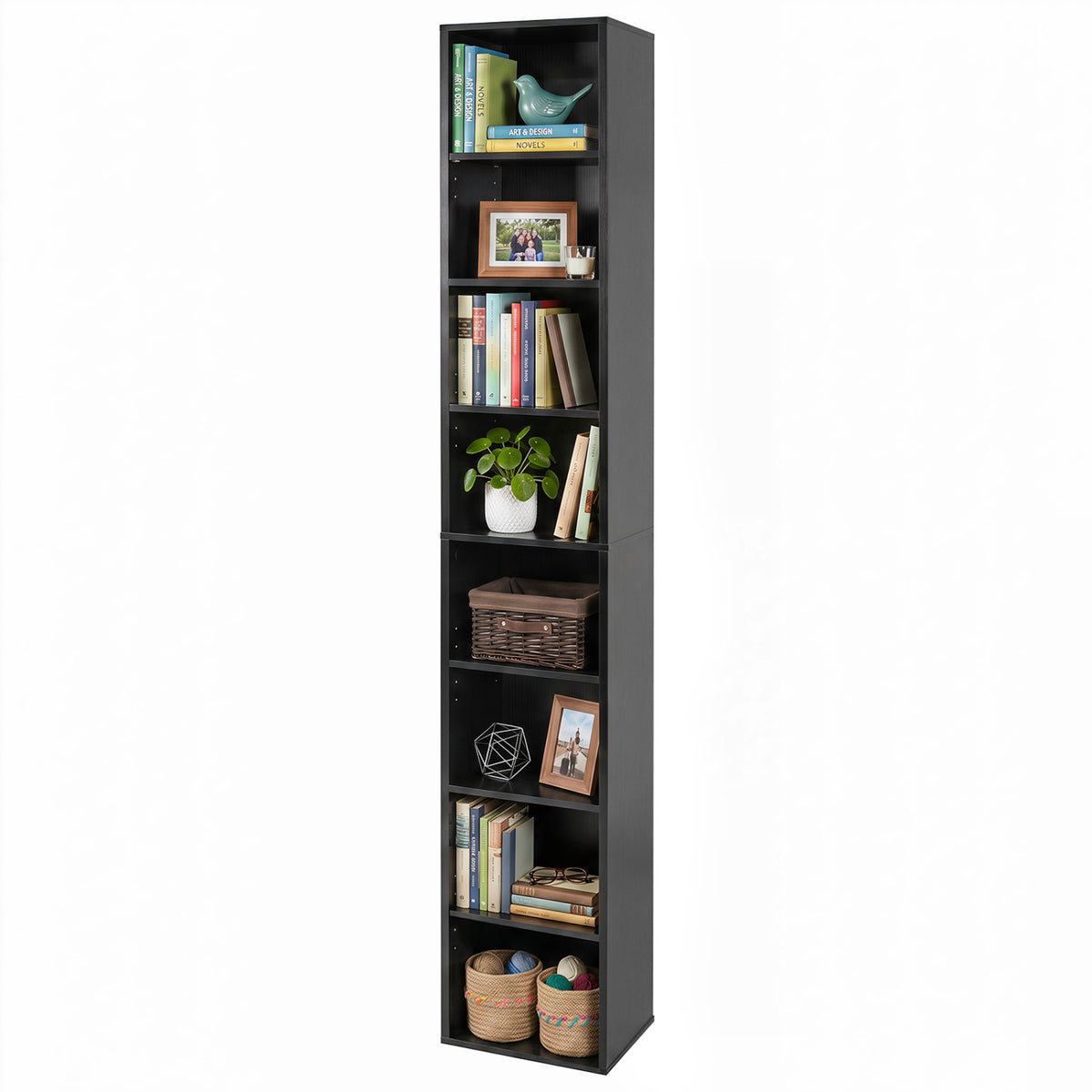 8-Tier Narrow Bookshelf with 4 Adjustable Shelves and Storage Cubes