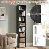8-Tier Narrow Bookshelf with 4 Adjustable Shelves and Storage Cubes