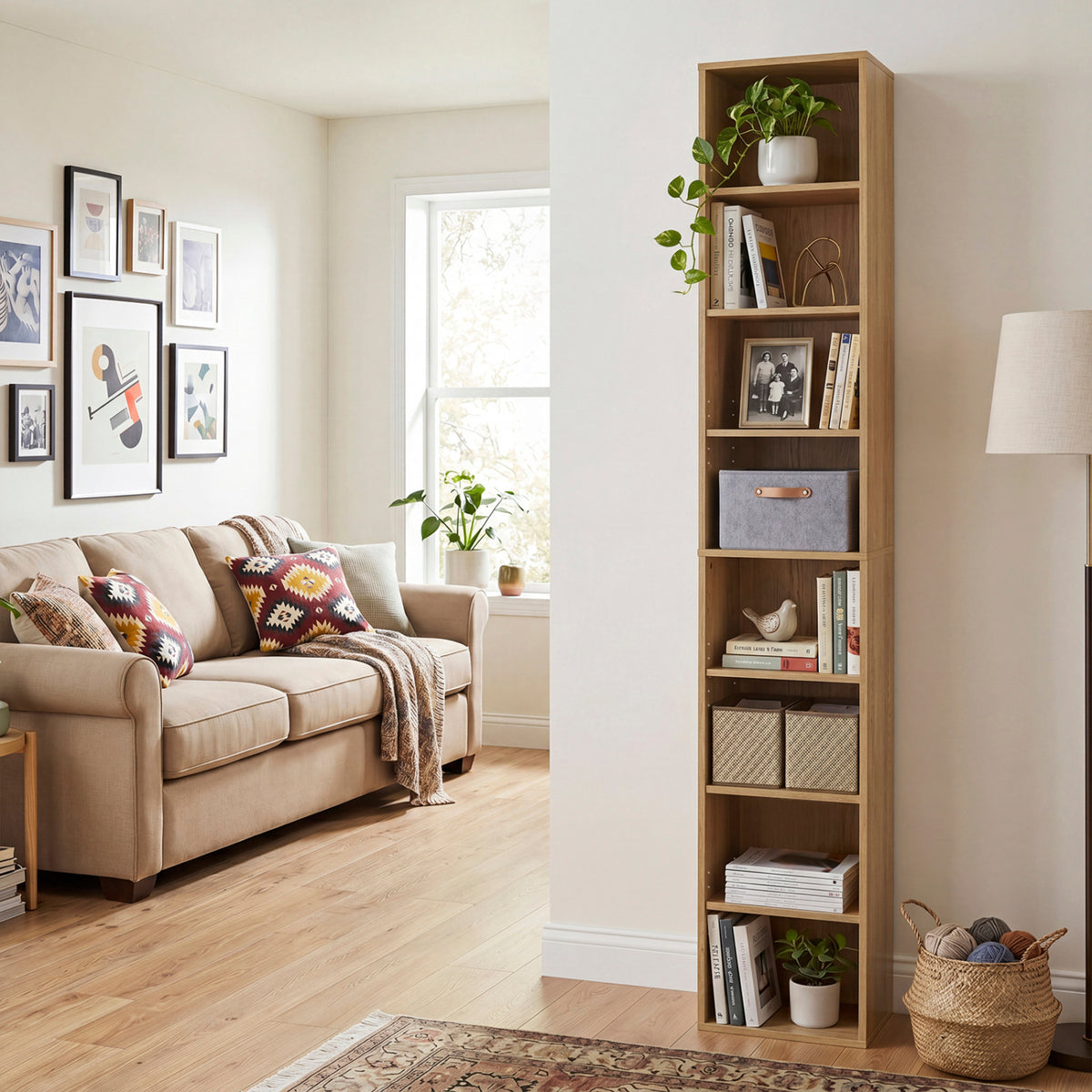 8-Tier Narrow Bookshelf with 4 Adjustable Shelves and Storage Cubes