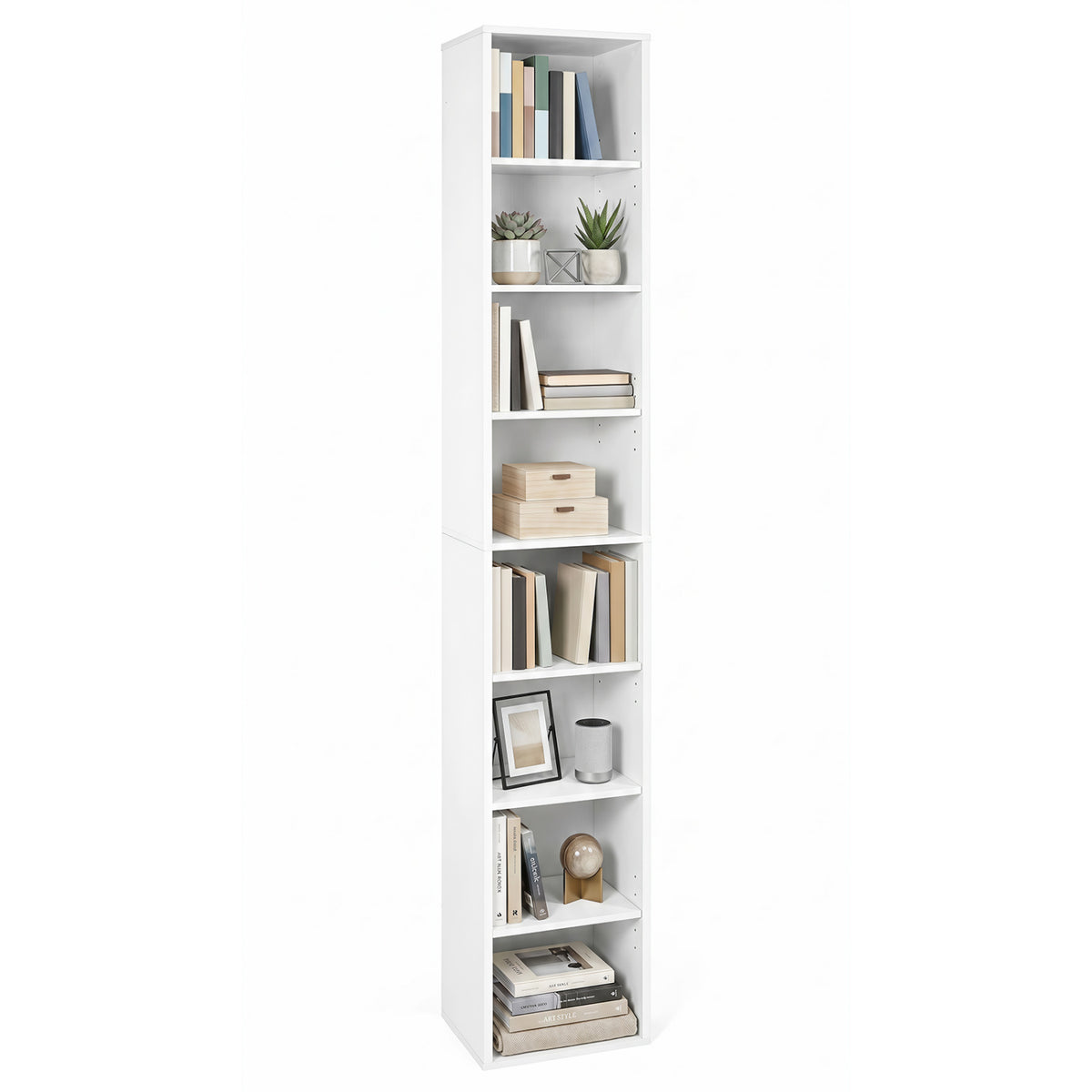 8-Tier Narrow Bookshelf with 4 Adjustable Shelves and Storage Cubes