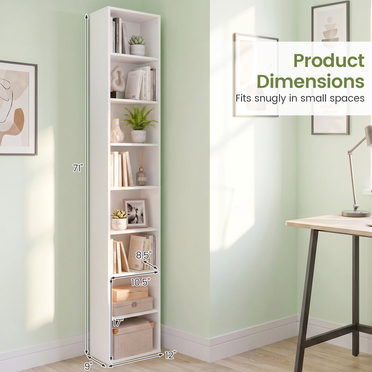 8-Tier Narrow Bookshelf with 4 Adjustable Shelves and Storage Cubes