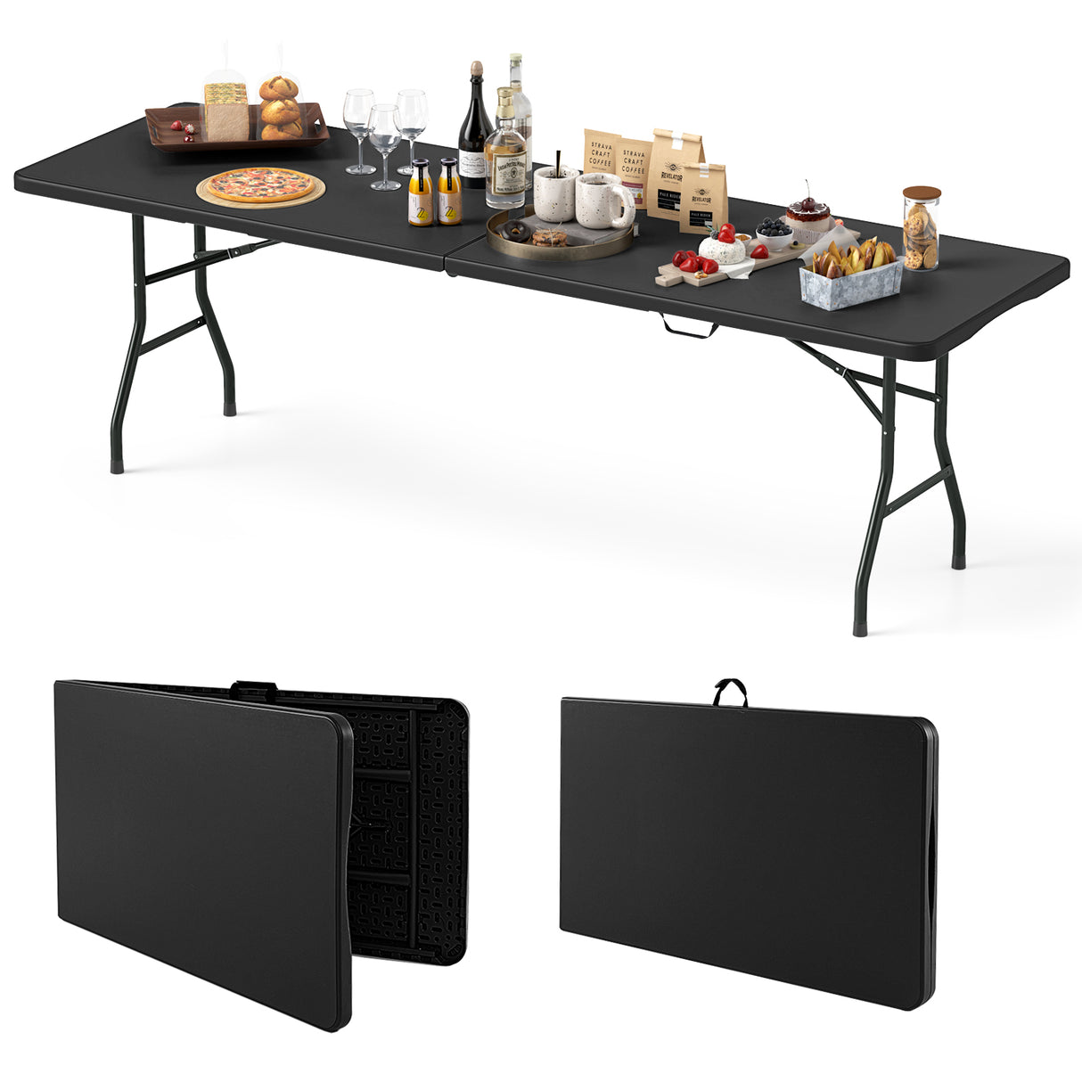 8 ft Portable Folding Table 350 LBS Fold-in-Half Table with HDPE Tabletop
