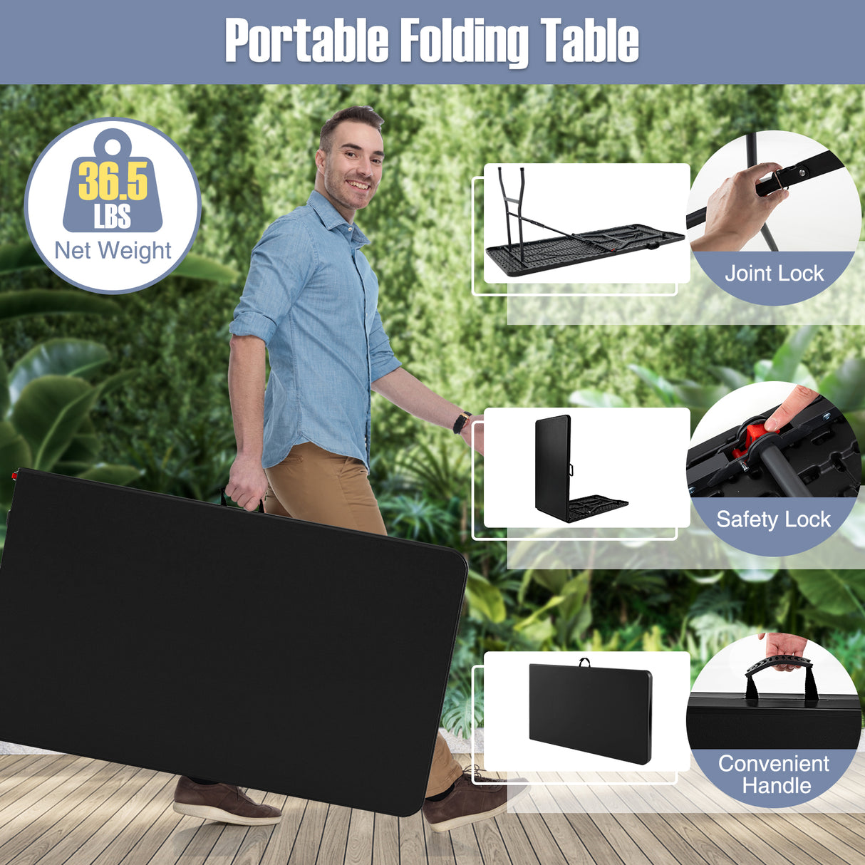 8 ft Portable Folding Table 350 LBS Fold-in-Half Table with HDPE Tabletop