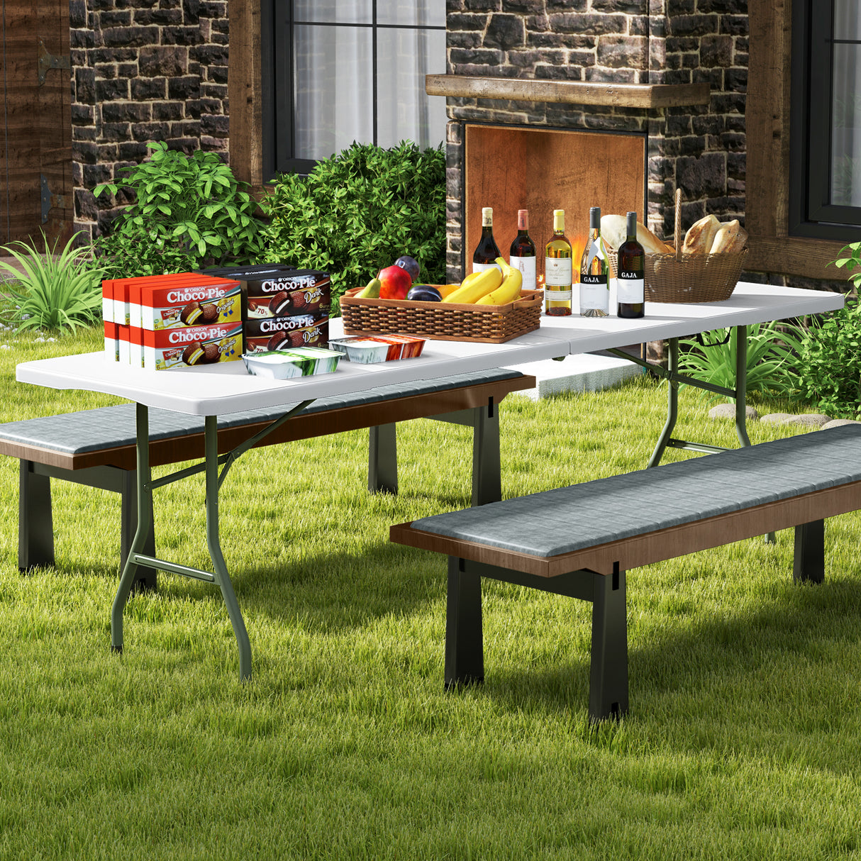 8 ft Portable Folding Table 350 LBS Fold-in-Half Table with HDPE Tabletop