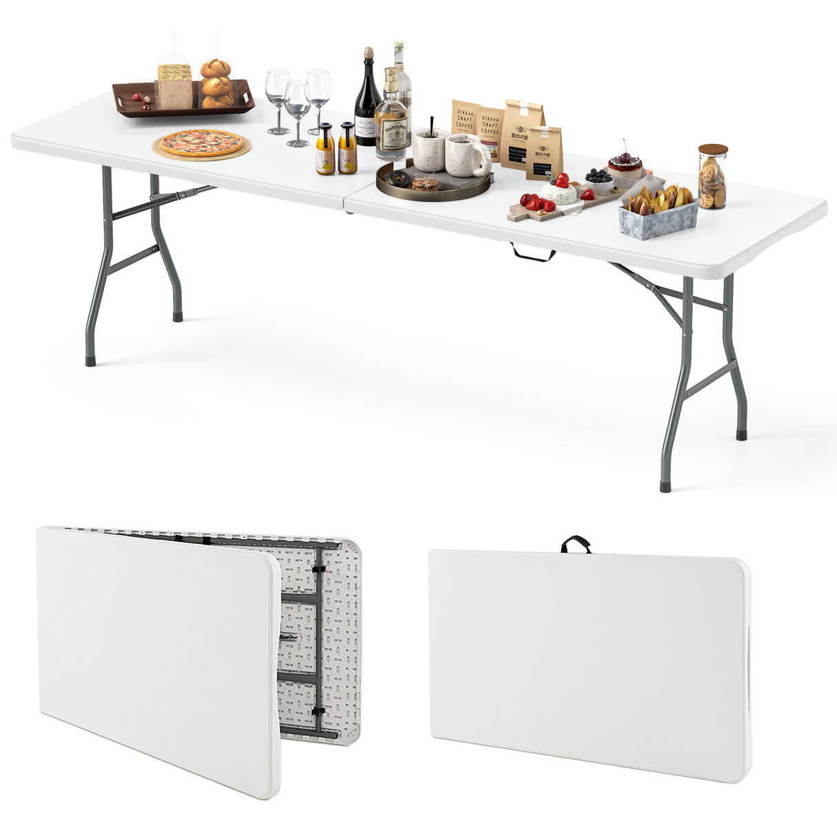 8 ft Portable Folding Table 350 LBS Fold-in-Half Table with HDPE Tabletop