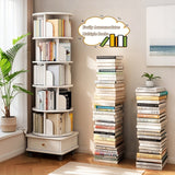 6 Tier Rotating Bookshelf with Wheels and Drawer, 360° Spinning Design, Space Saving Storage, for Home and Office, White MDF