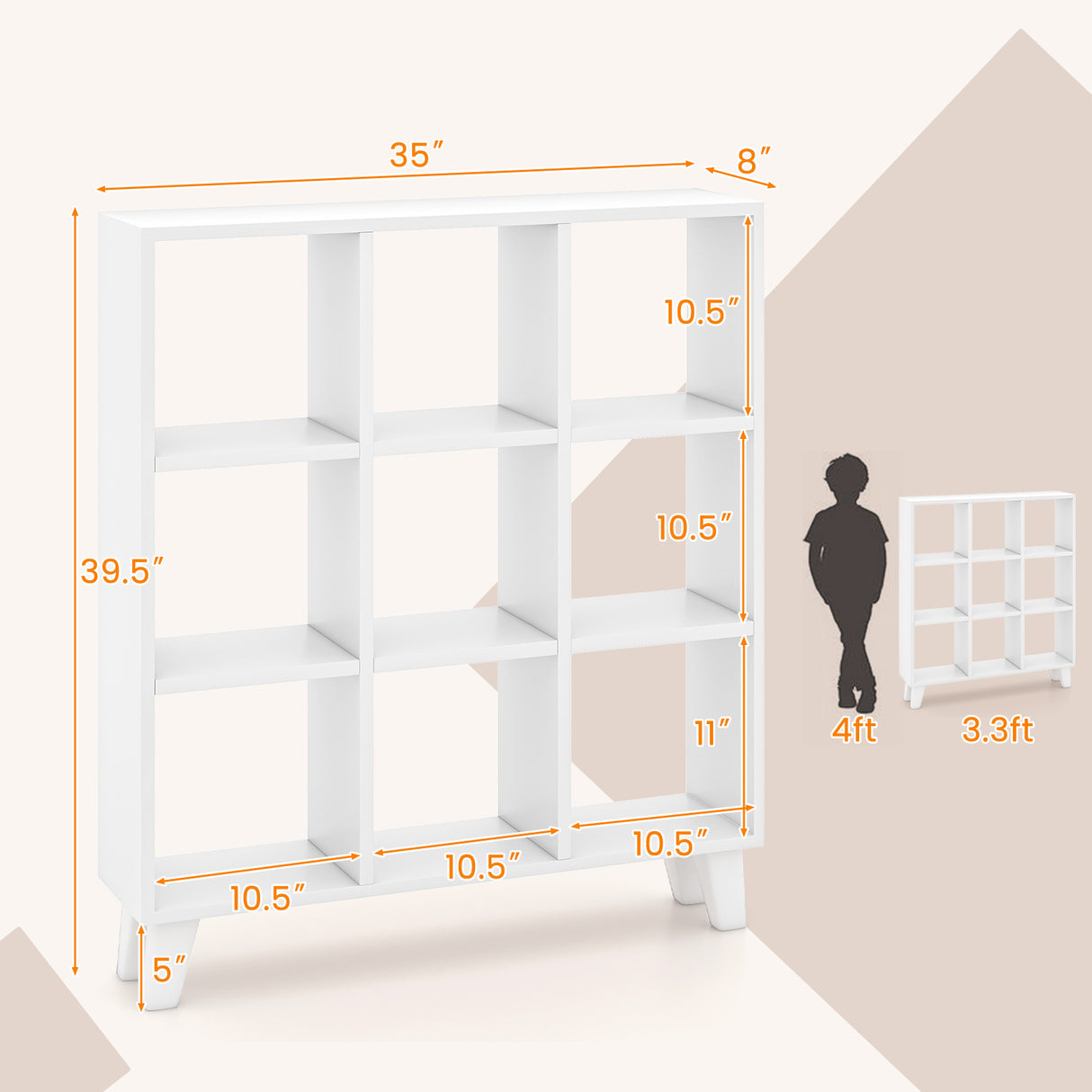 9-Cube Bookcase with 6 Removable Shelves and Raised Support Feet