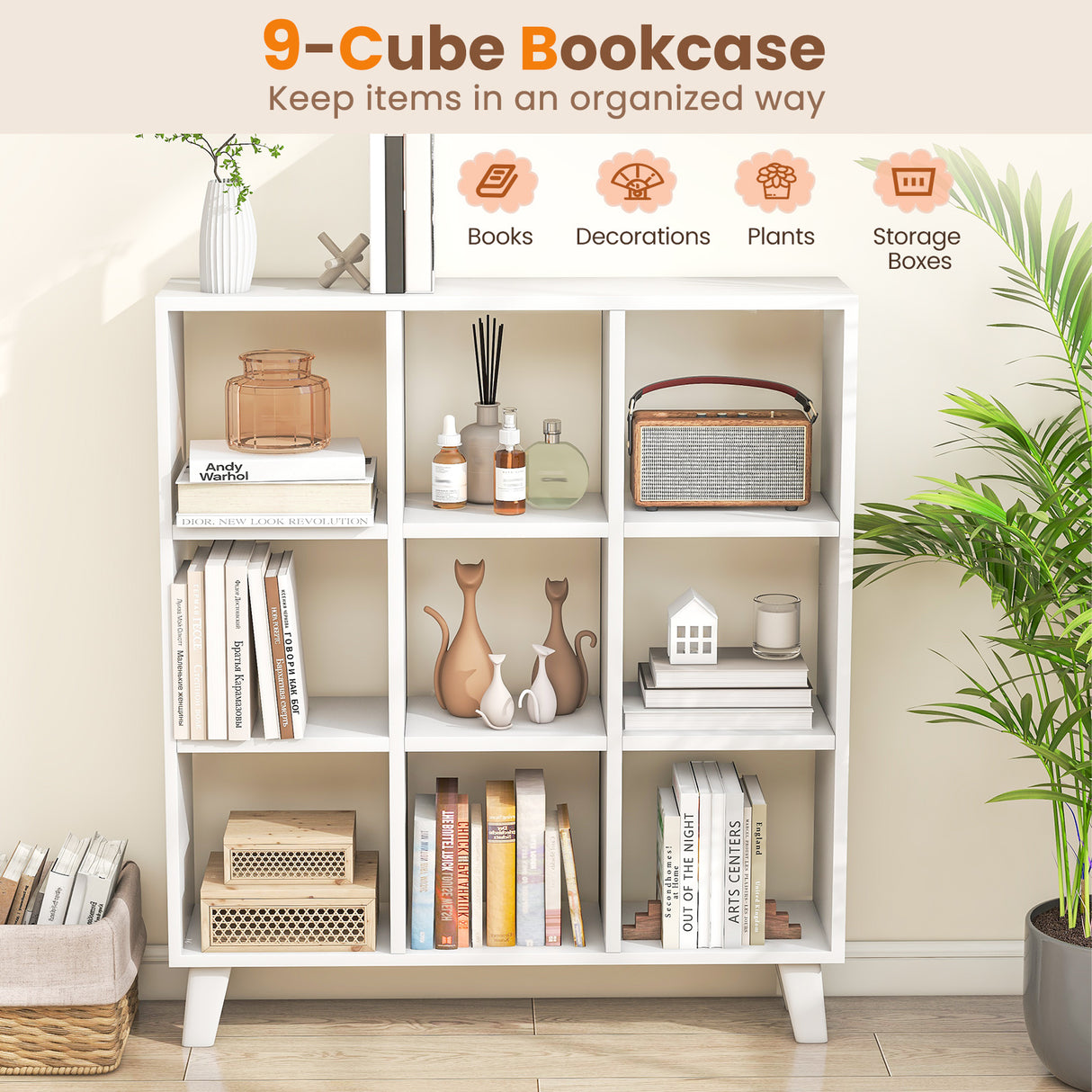 9-Cube Bookcase with 6 Removable Shelves and Raised Support Feet