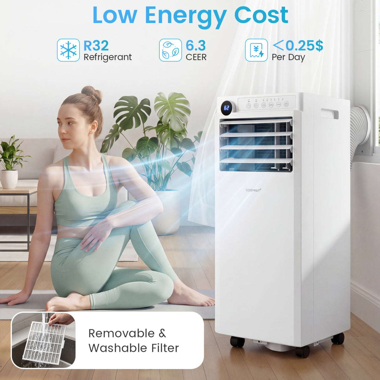 9000 BTU Portable Air Conditioner with Dehumidifier and 24H Timer-White