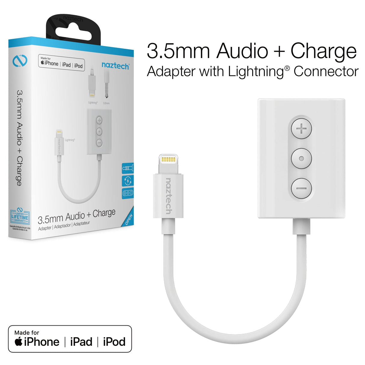 Naztech MFI Lightning to 3.5mm Audio + Charging Adapter