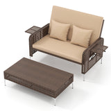 2 Piece Patio Rattan Daybed Wicker Loveseat and Ottoman with Adjustable Backrest