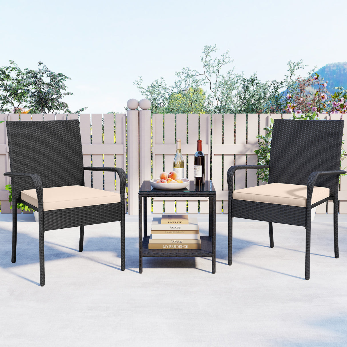 3 Piece Patio Furniture Set with Seat Cushions and Tempered Glass Tabletop