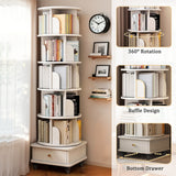 6 Tier Rotating Bookshelf with Wheels and Drawer, 360° Spinning Design, Space Saving Storage, for Home and Office, White MDF