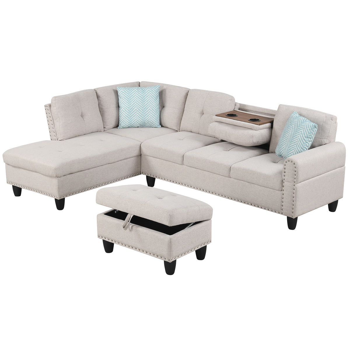 Sectional Sofa Couch with Movable Storage Ottoman and Linen Fabric Backs