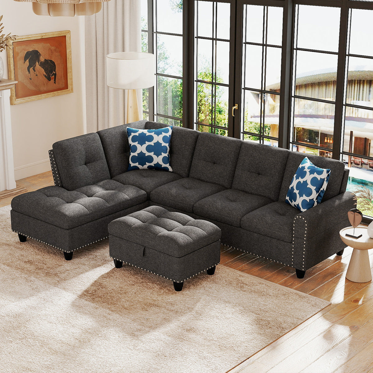 Sectional Sofa Couch with Movable Storage Ottoman and Linen Fabric Backs