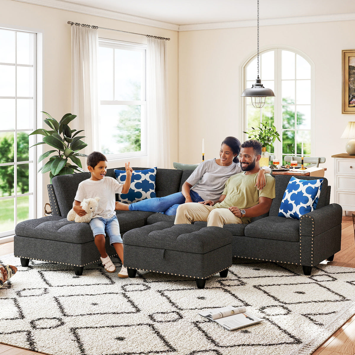 Sectional Sofa Couch with Movable Storage Ottoman and Linen Fabric Backs