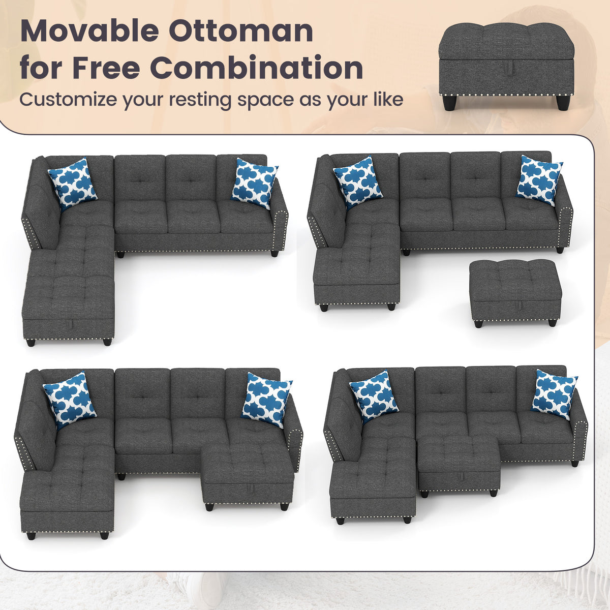 Sectional Sofa Couch with Movable Storage Ottoman and Linen Fabric Backs