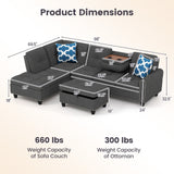Sectional Sofa Couch with Movable Storage Ottoman and Linen Fabric Backs