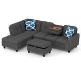 Sectional Sofa Couch with Movable Storage Ottoman and Linen Fabric Backs