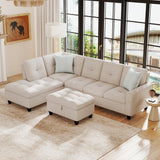 Sectional Sofa Couch with Movable Storage Ottoman and Linen Fabric Backs