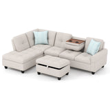 Sectional Sofa Couch with Movable Storage Ottoman and Linen Fabric Backs