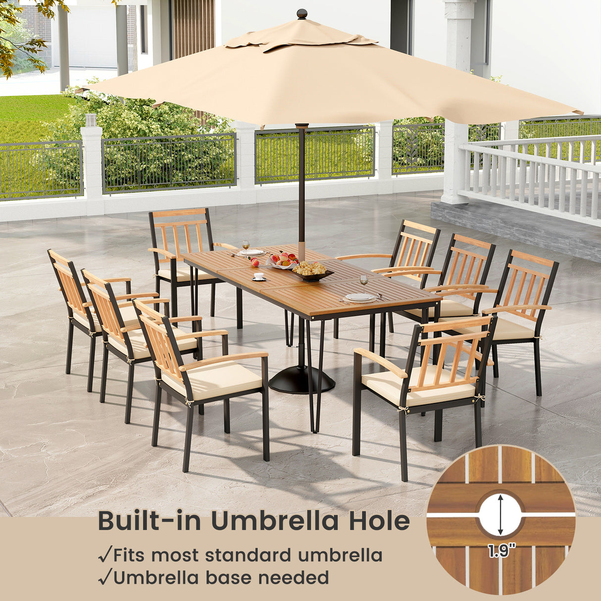 9-Piece Patio Dining Set 35.5 Inch Acacia Wood Table with Umbrella Hole and 24-Inch Wide Chairs