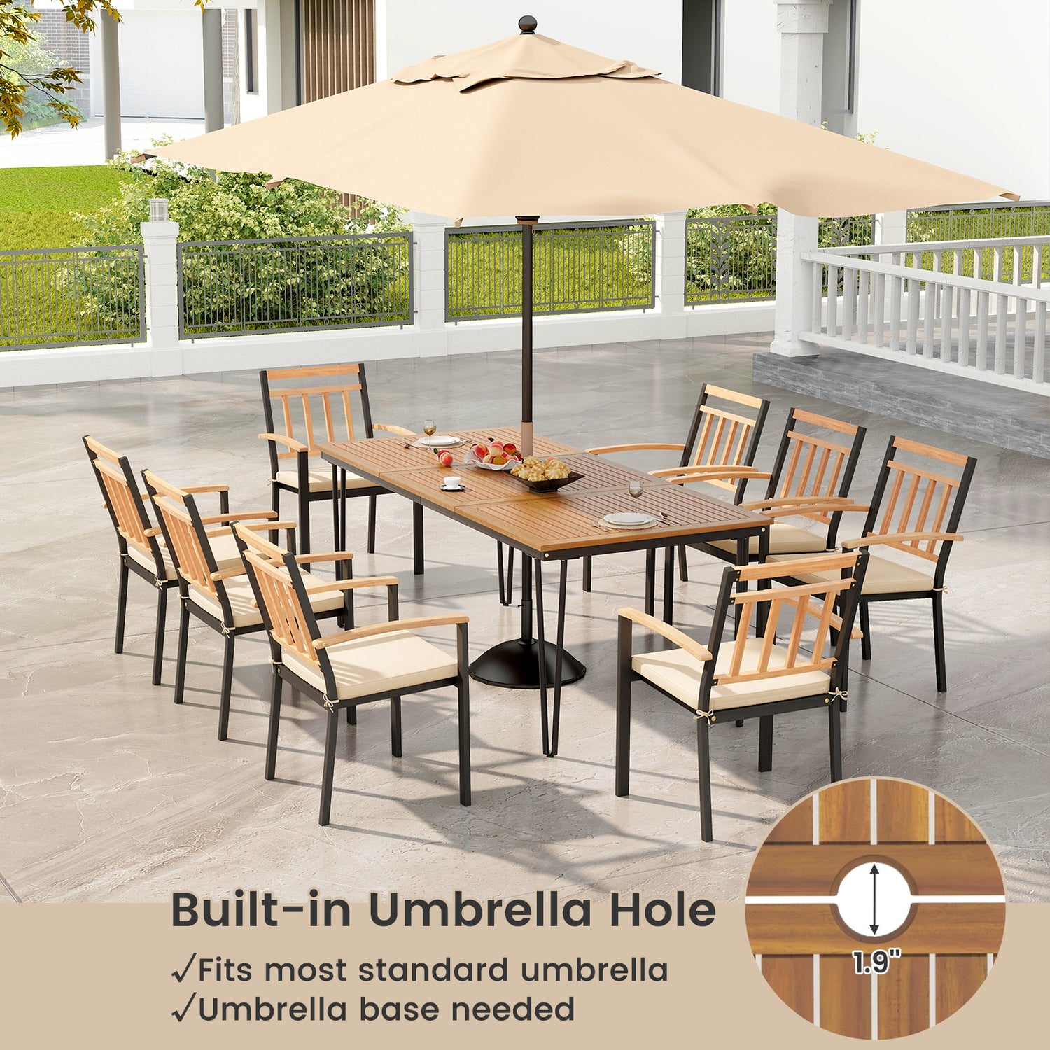 9-Piece Patio Dining Set 35.5 Inch Acacia Wood Table with Umbrella Hole and 24-Inch Wide Chairs