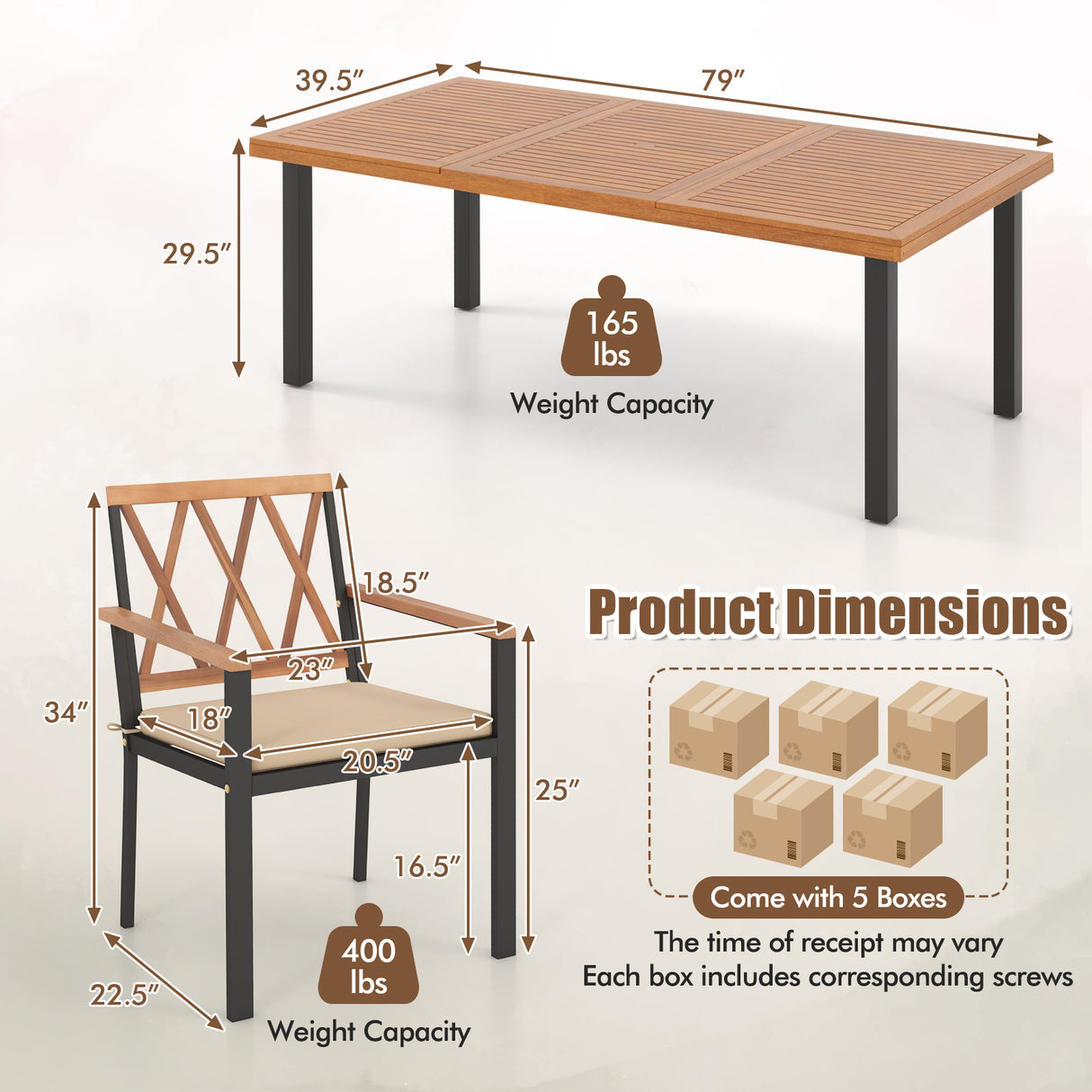 9 Pieces Patio Dining Set 39.5 Inch Acacia Wood Table with Umbrella Hole and 22.5-Inch Wide Chairs