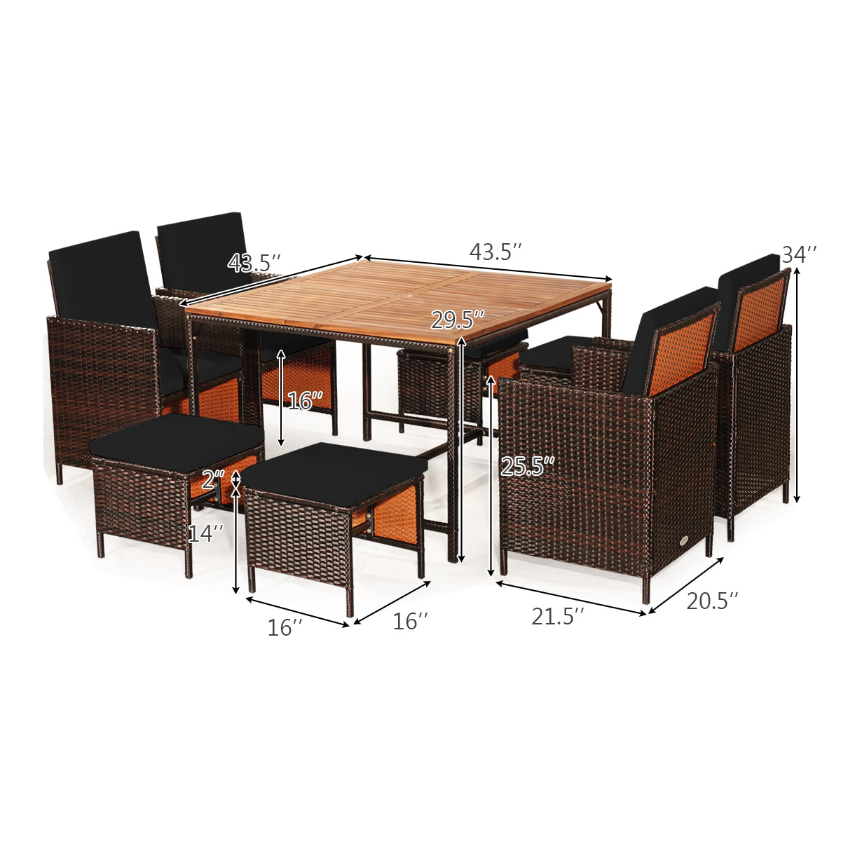 9 Pieces Patio Rattan Dining Cushioned Chairs Set