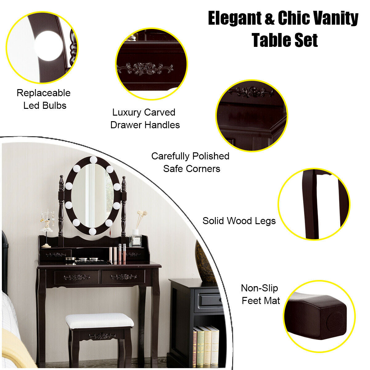 Makeup Dressing Table with Touch Switch Lighted Mirror and Cushioned Stool
