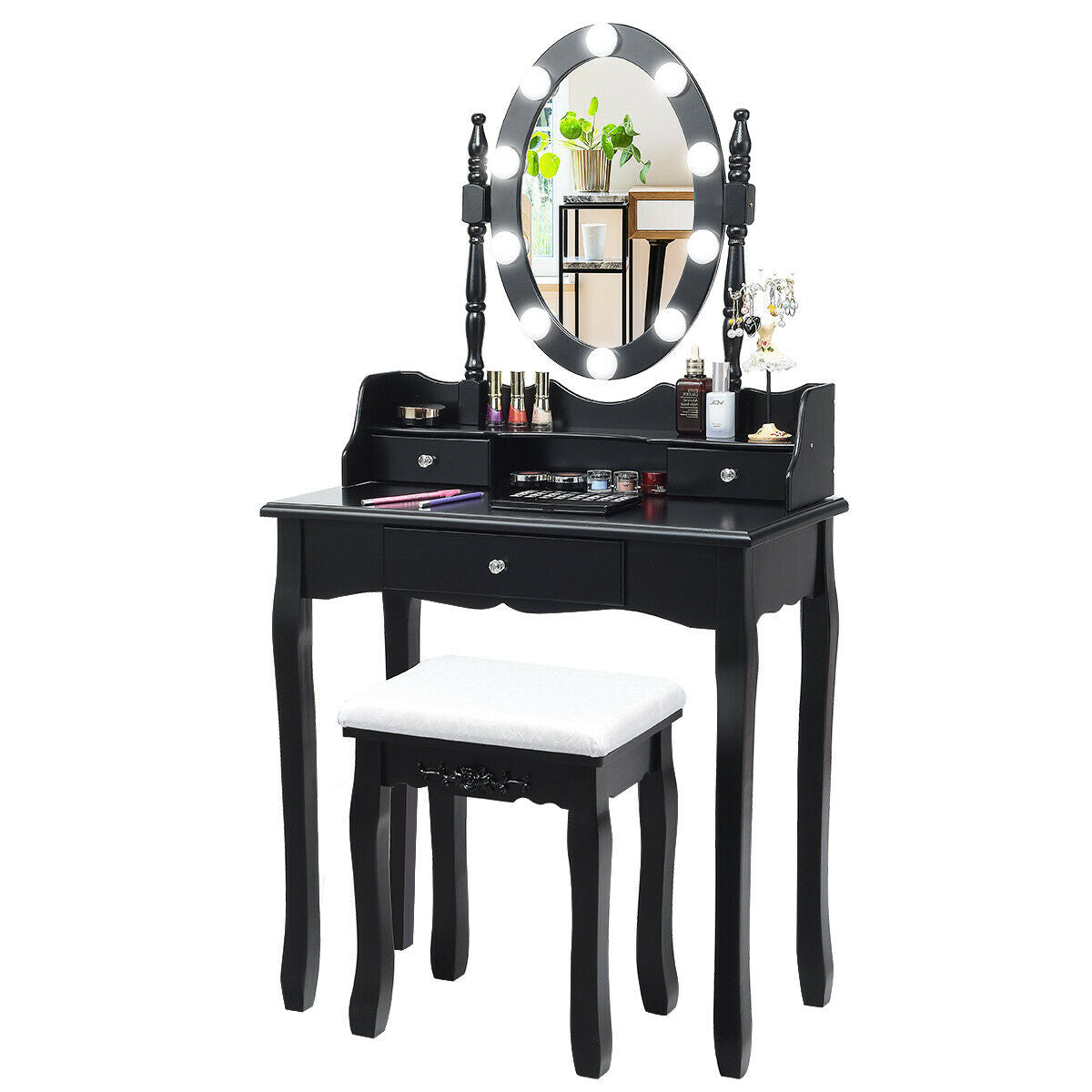 Oval Mirror Vanity Set  with 10 LED Dimmable Bulbs and 3 Drawers
