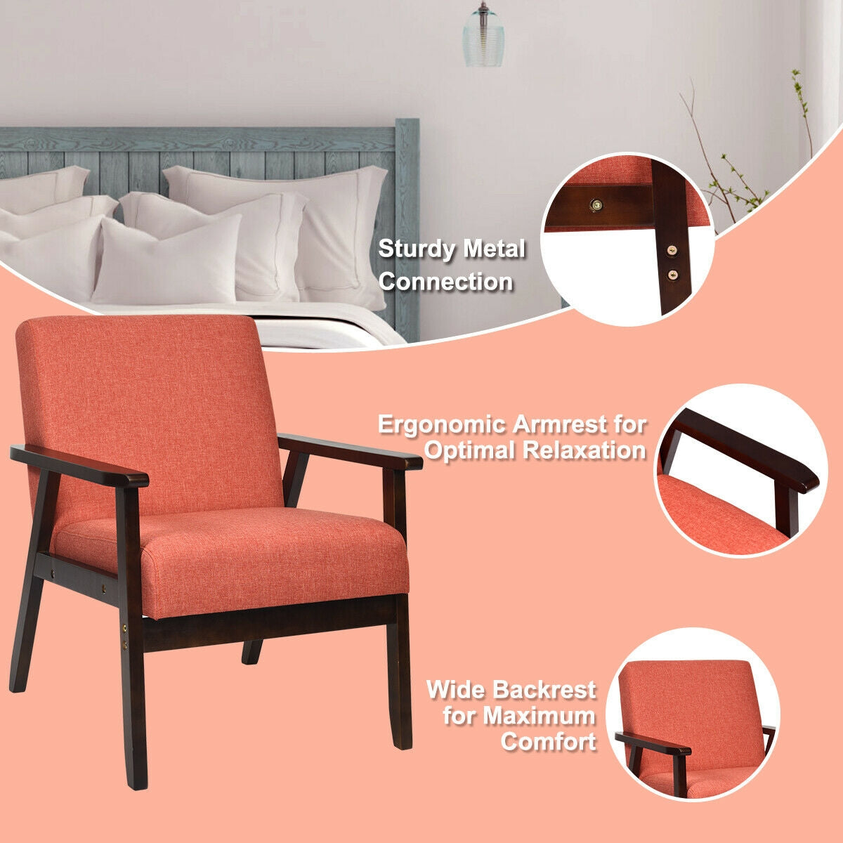 Solid Rubber Wood Fabric Accent Armchair